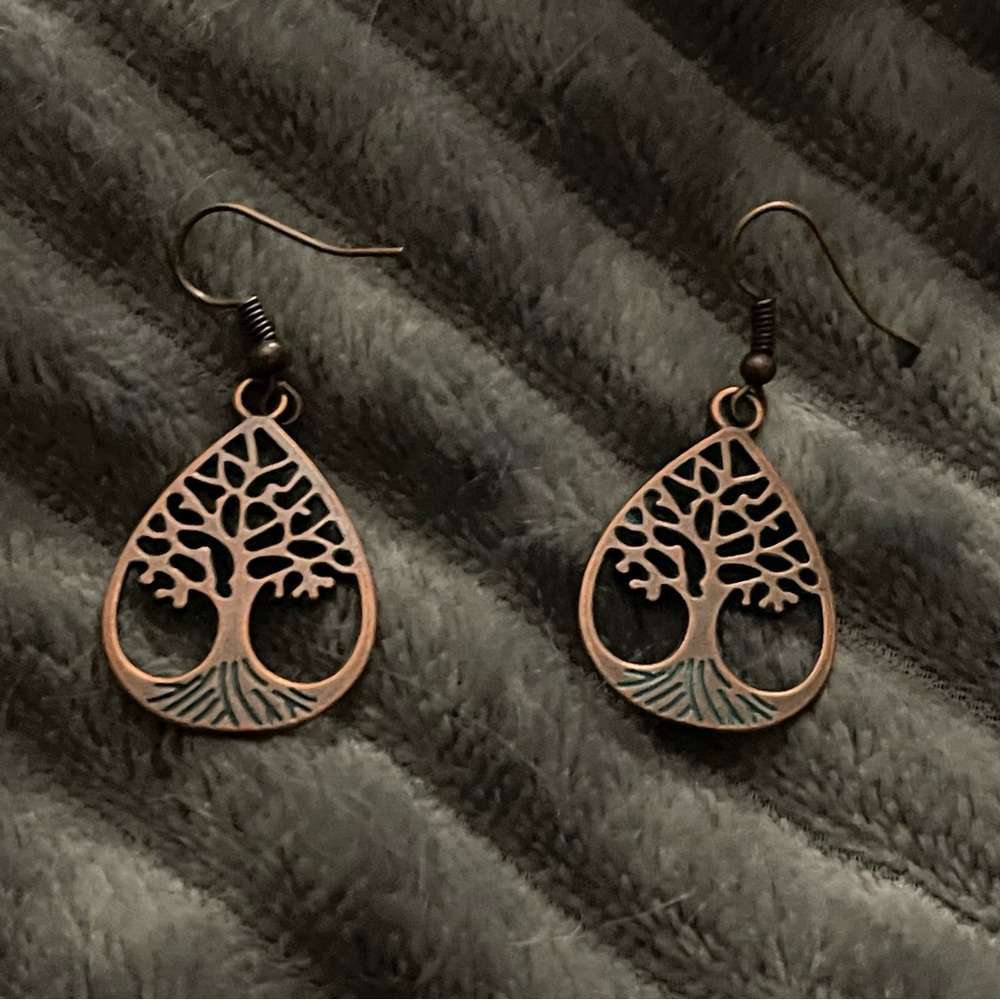 New Green Patina Bronze Celtic Spiritual Tree of Life Bohemien Dangle Earrings - Picture 7 of 9
